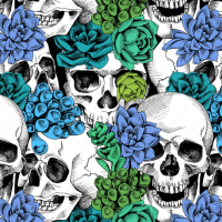 Alle stof op voorraad Blue and green skulls voor maat W3 of W4